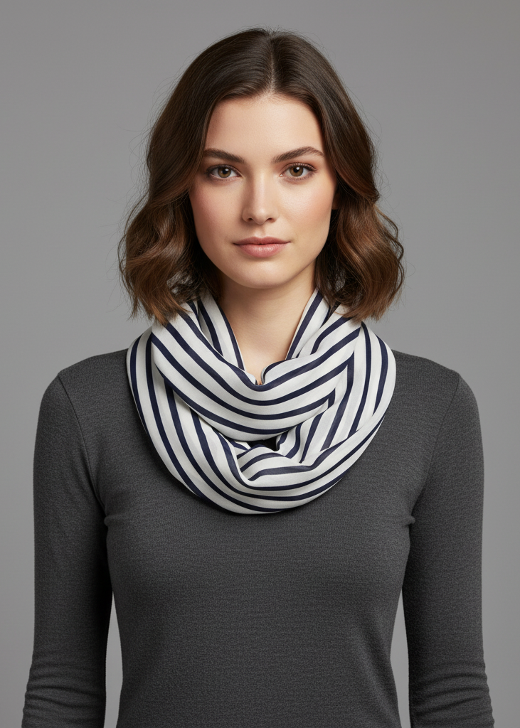 Lightweight navy and white striped infinity loop scarf in a vintage style for women.