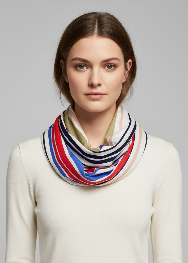 Multi color sassy stripes vintage style light infinity loop scarf in red blue and white.