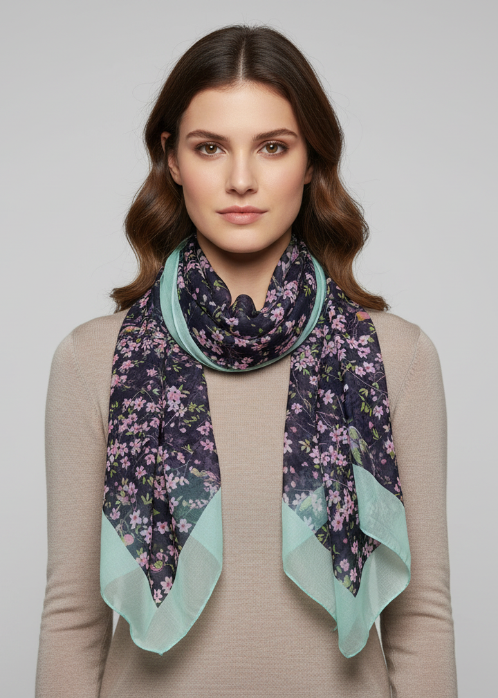 Vintage floral blossom and hummingbird print sheer scarf in navy blue for women