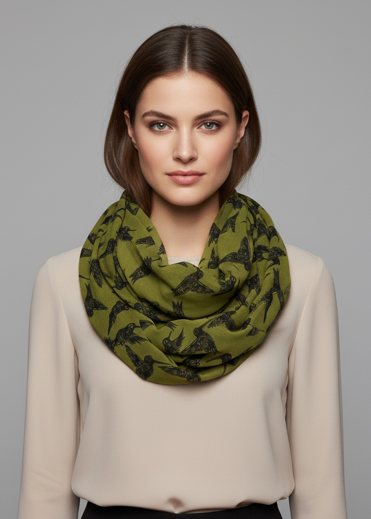 Lightweight hunter green sheer infinity scarf featuring a delicate bird print pattern for women