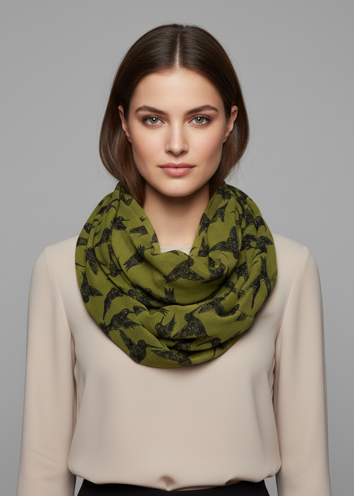 Lightweight hunter green sheer infinity scarf featuring a delicate bird print pattern for women