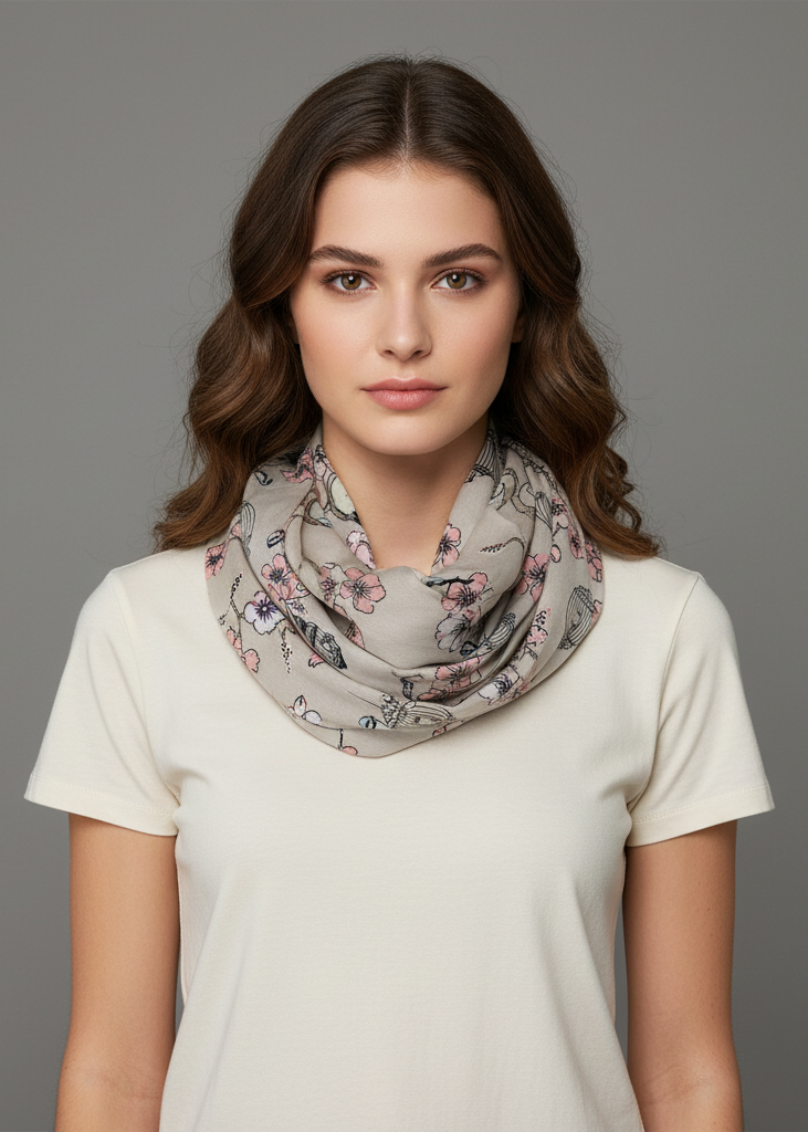 Sheer lightweight infinity scarf with bird print pattern for women