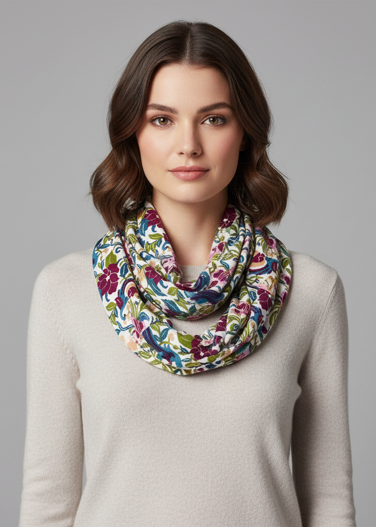 Sheer white and maroon infinity scarf for women featuring a delicate bird print pattern in a lightweight circle loop design