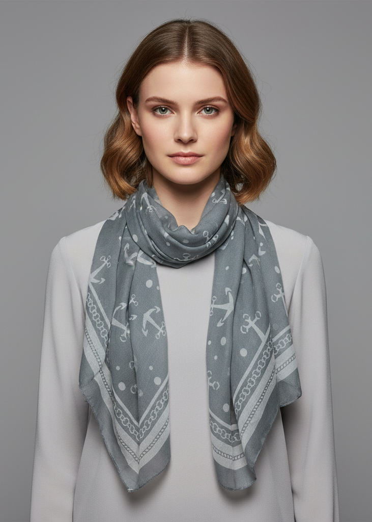 Sheer grey nautical scarf featuring a chain border, sailor anchors, and a polka dot print.