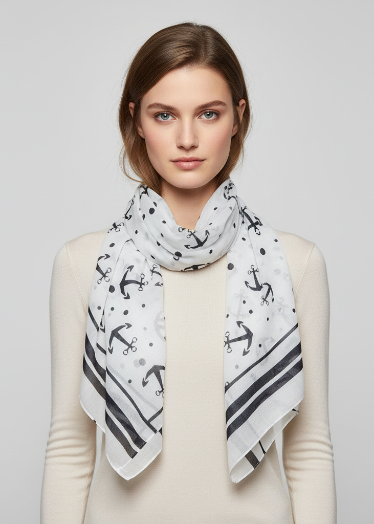 White sheer nautical scarf featuring a gold chain border and navy blue anchors with white polka dots.