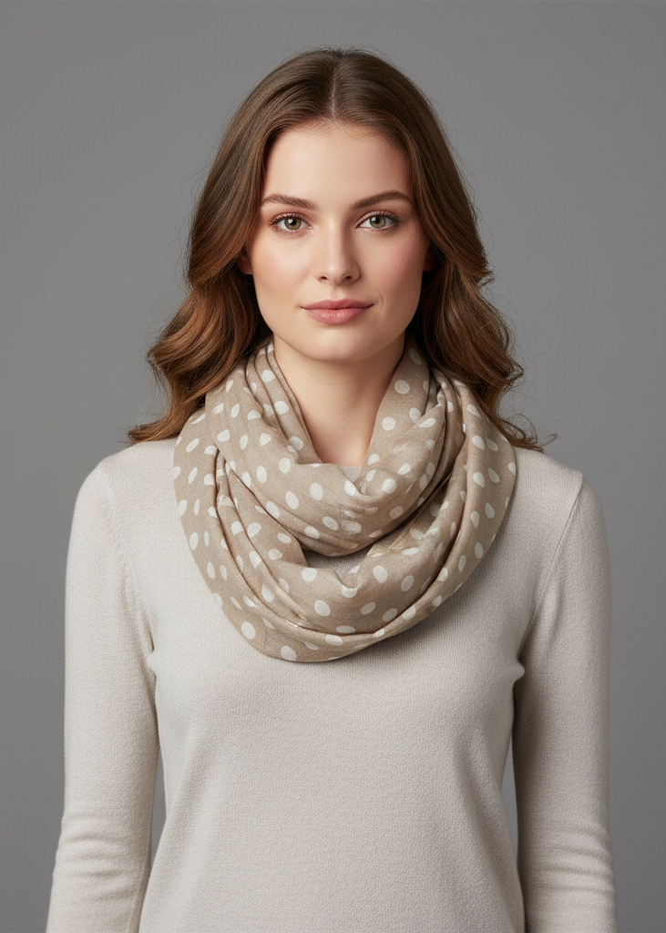 Sheer taupe and white polka dot infinity loop circle scarf for women.