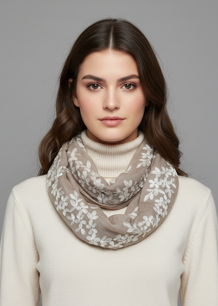 Sheer soft cloth floral embroidered daisy flower infinity loop scarf in taupe.