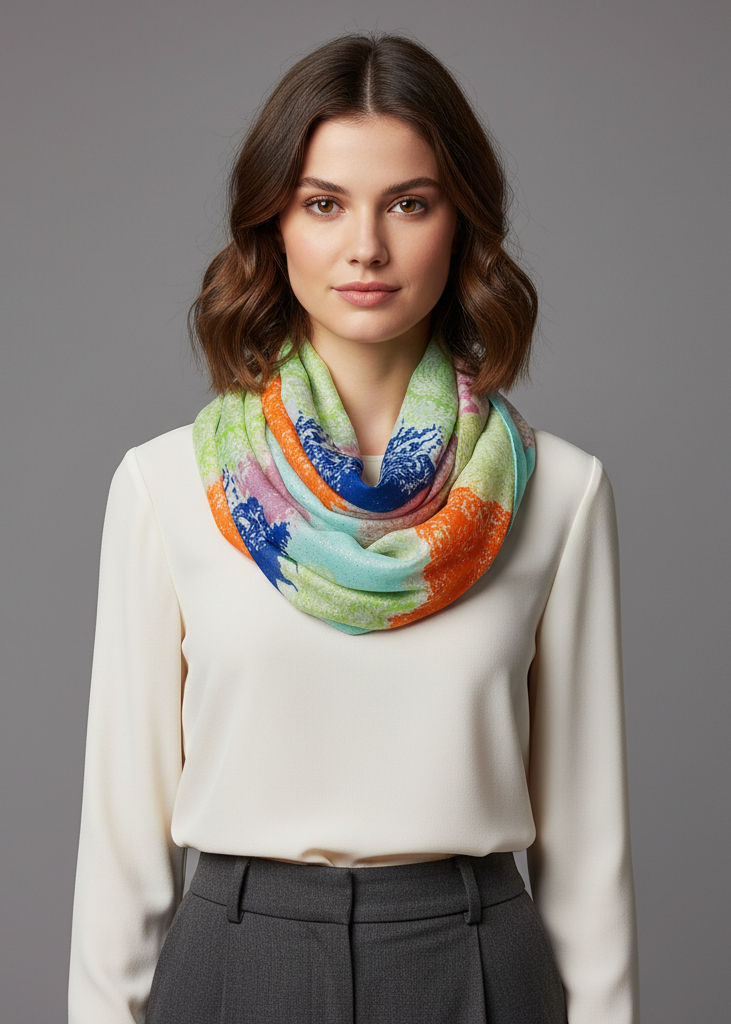 Shimmering rainbow paisley sparkle infinity loop scarf in citrine and orange.