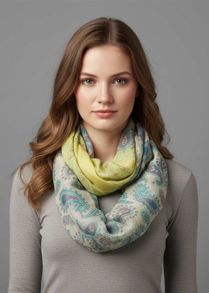 Lightweight paisley design infinity loop scarf in beige for classic style.