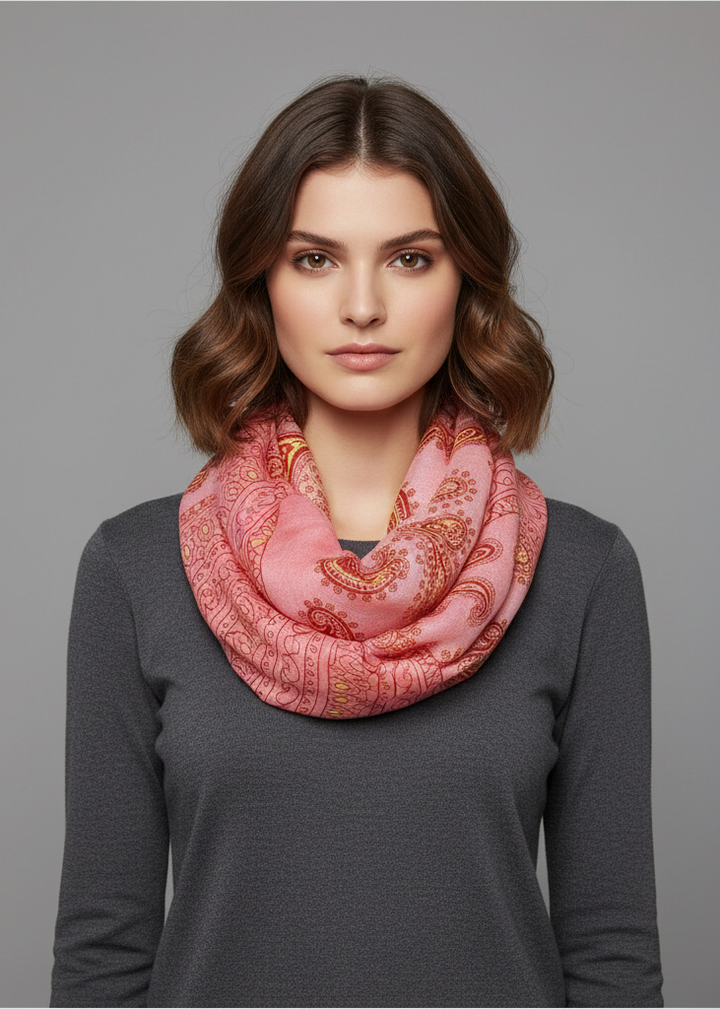 Red lightweight infinity loop scarf featuring a classic paisley design for stylish accessorizing.