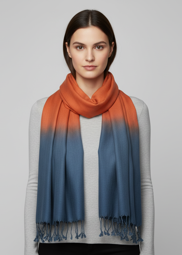 Vibrant teal and orange tie-dye pashmina shawl featuring a soft silky texture and delicate fringe trim.