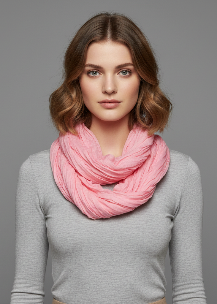 Solid baby pink neon light crinkled infinity loop scarf for women.