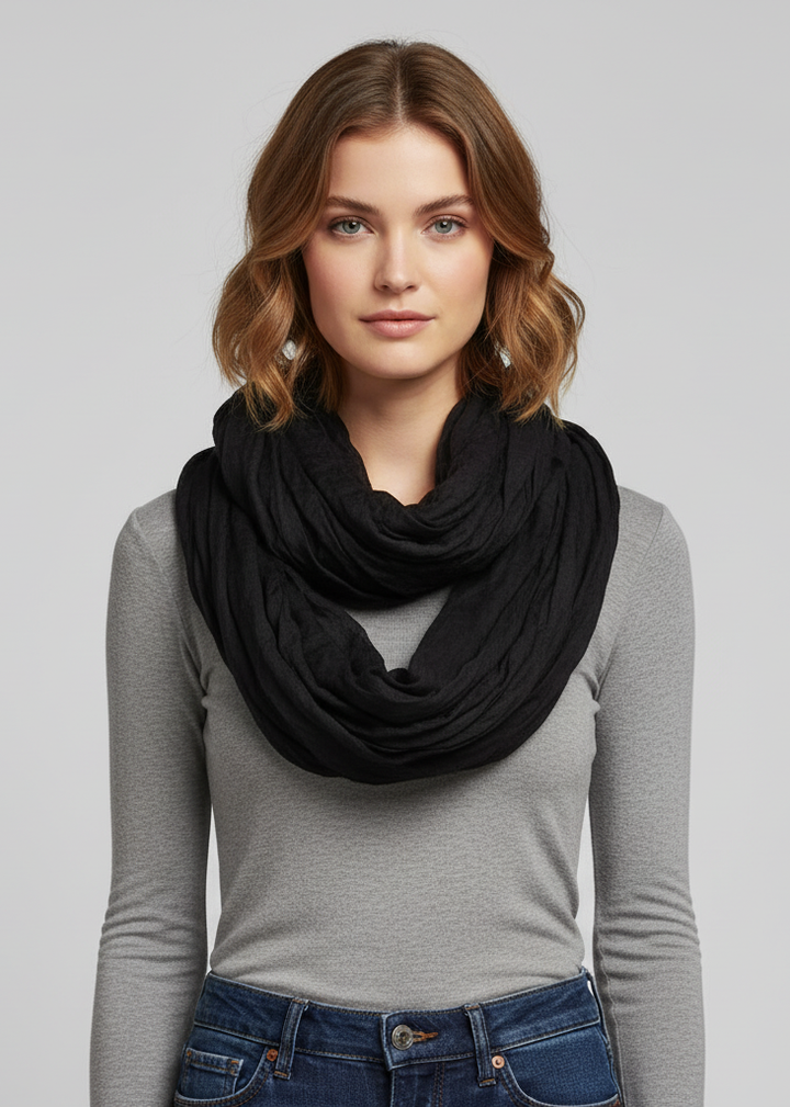 Solid color neon light crinkled infinity loop scarf in black for fashion accessories.