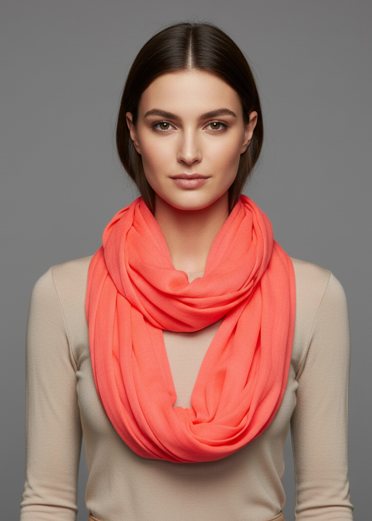 Coral neon light crinkled infinity loop scarf in a soft lightweight viscose fabric for year-round fashion.