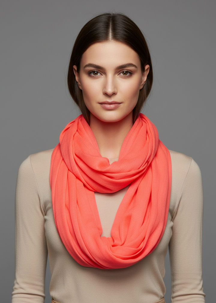 Coral neon light crinkled infinity loop scarf in a soft lightweight viscose fabric for year-round fashion.