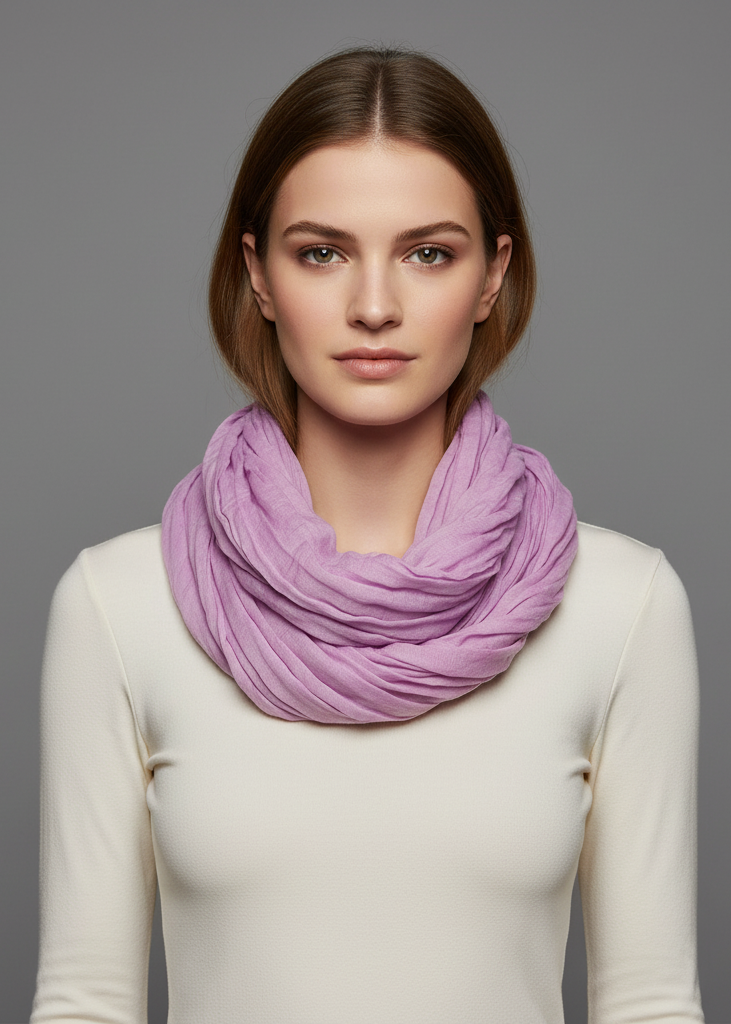 Lavender solid color crinkled infinity loop scarf made of lightweight viscose for women.