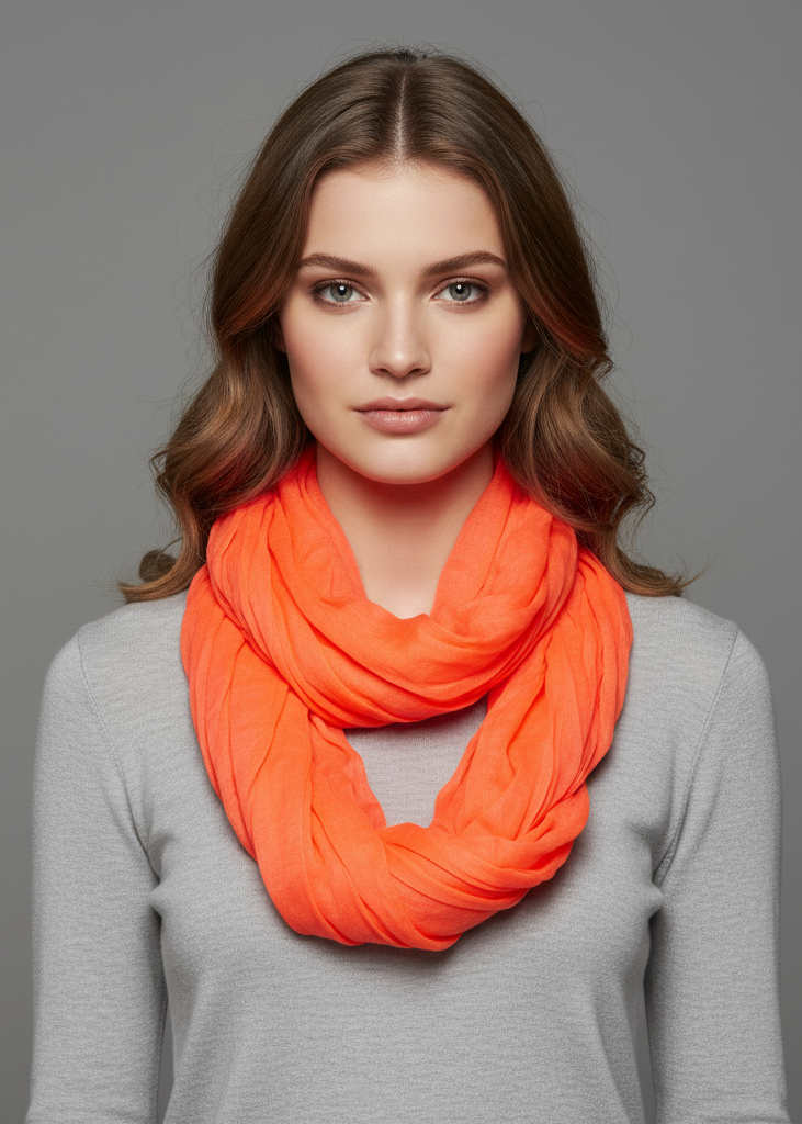 Neon orange solid color crinkled infinity loop scarf for lightweight year-round fashion.