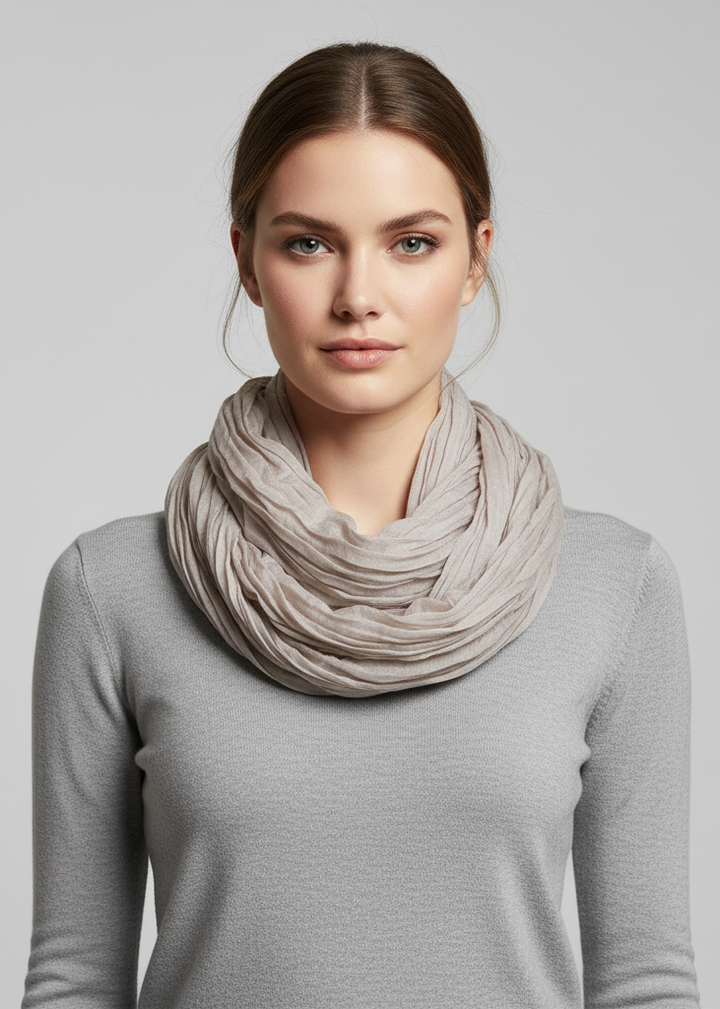 Solid silver neon light crinkled infinity loop scarf for stylish women's winter fashion accessory.