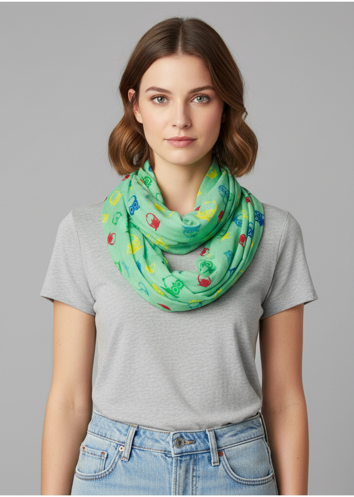 Stunning colorful lightweight vintage owl print infinity loop scarf in mint.