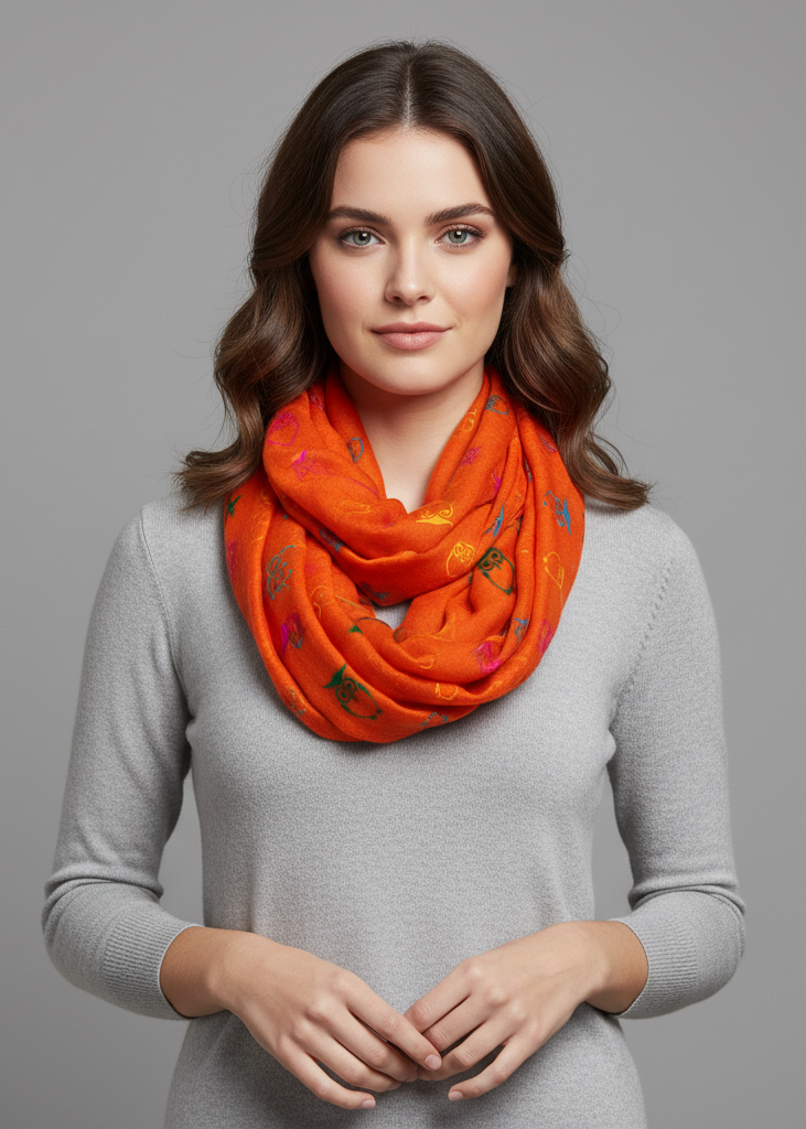 Stunning colorful lightweight vintage owl print infinity loop scarf in orange for women.