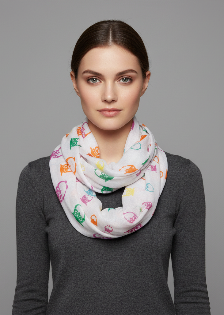 Lightweight white infinity loop scarf featuring a colorful vintage owl print in a soft breathable fabric.