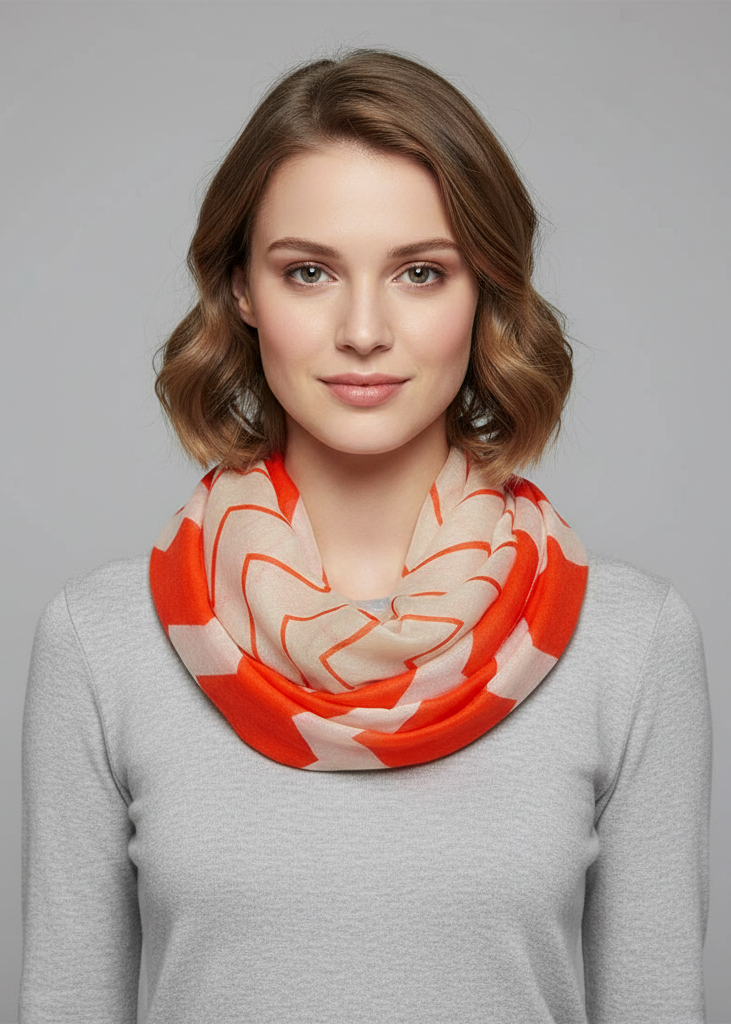 Two-toned wide chevron design infinity loop scarf in coral, white, and wine.