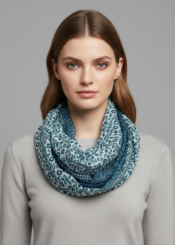 Dainty floral print infinity loop scarf in hunter green for summer fashion.