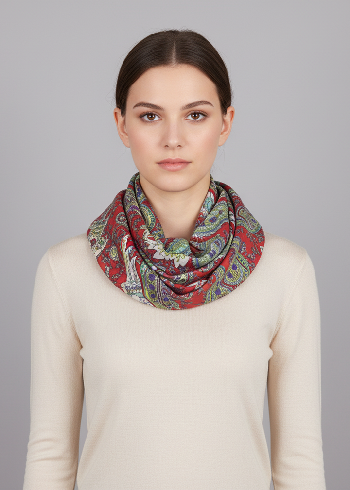 Vibrant red and coral bohemian paisley graphic print infinity loop circle scarf for women.