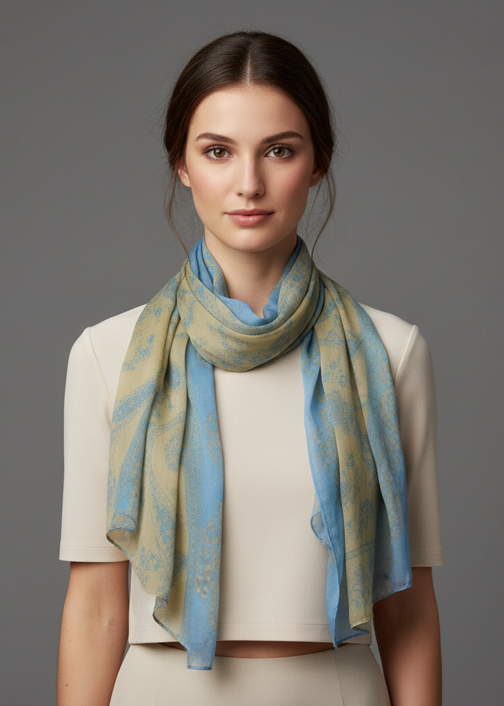 Tan and blue lightweight scarf with a classic paisley pattern and bordered edges designed as a versatile summer wrap.