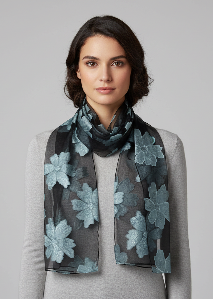 Lightweight summer fashion floral embroidered burnout scarf in black and sky blue