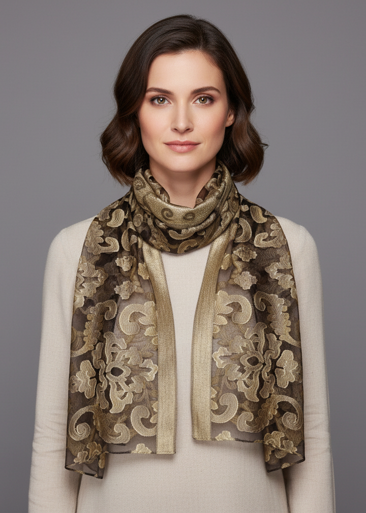 Lightweight summer fashion floral embroidered burnout scarf in black and gold with fringed edges
