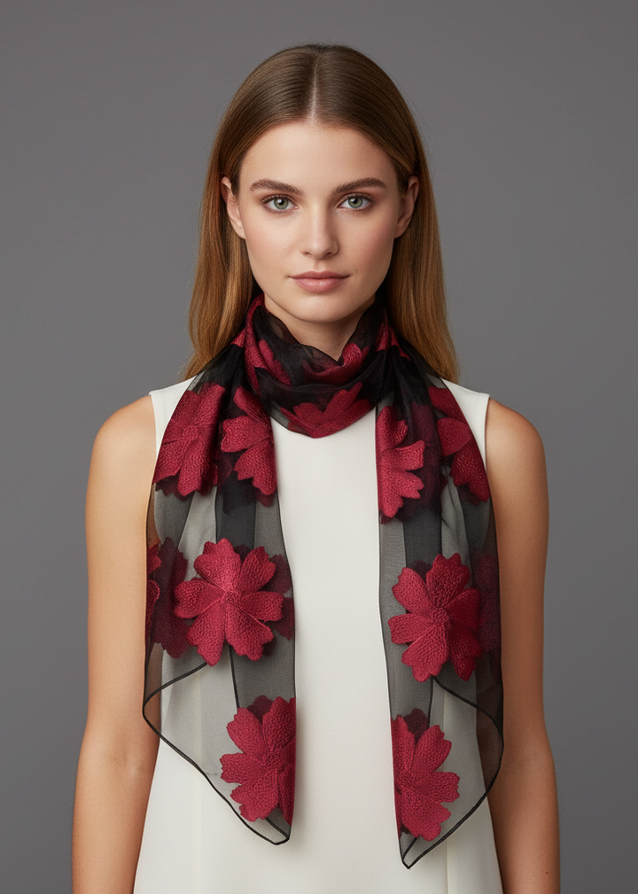 Lightweight summer fashion scarf featuring intricate red and black floral embroidery on a sheer burnout fabric with fringed edges.