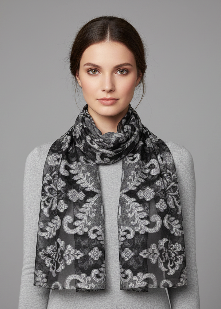 Lightweight summer fashion floral embroidered burnout scarf in black and white with fringed edges