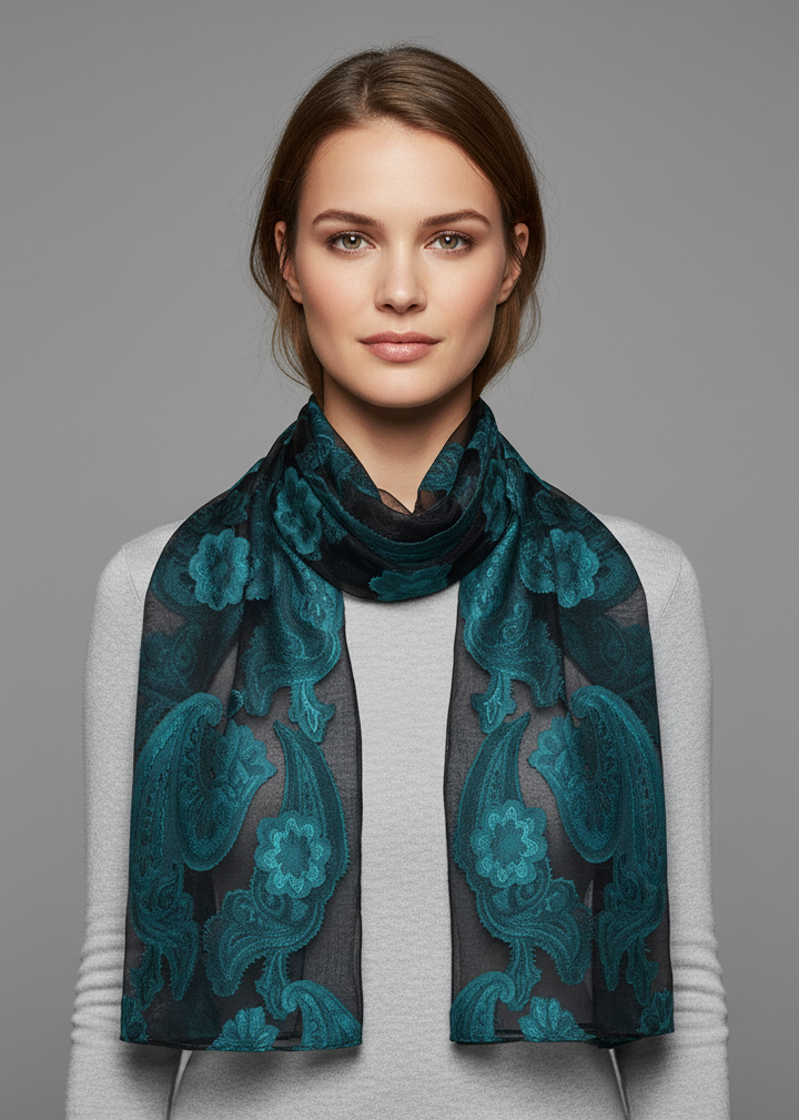 Lightweight black and teal pashmina shawl with sheer burnout paisley patterns and floral embroidery
