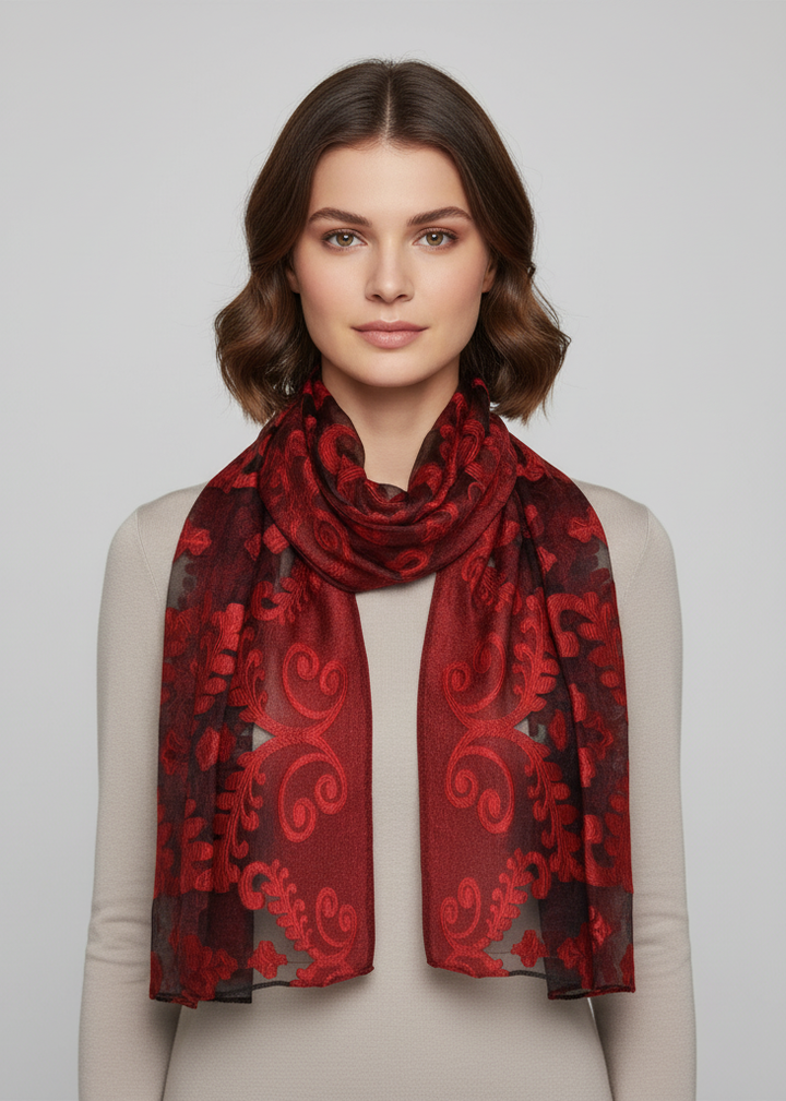 Lightweight summer fashion scarf featuring intricate red and black floral embroidery on a sheer burnout fabric with delicate fringed edges.