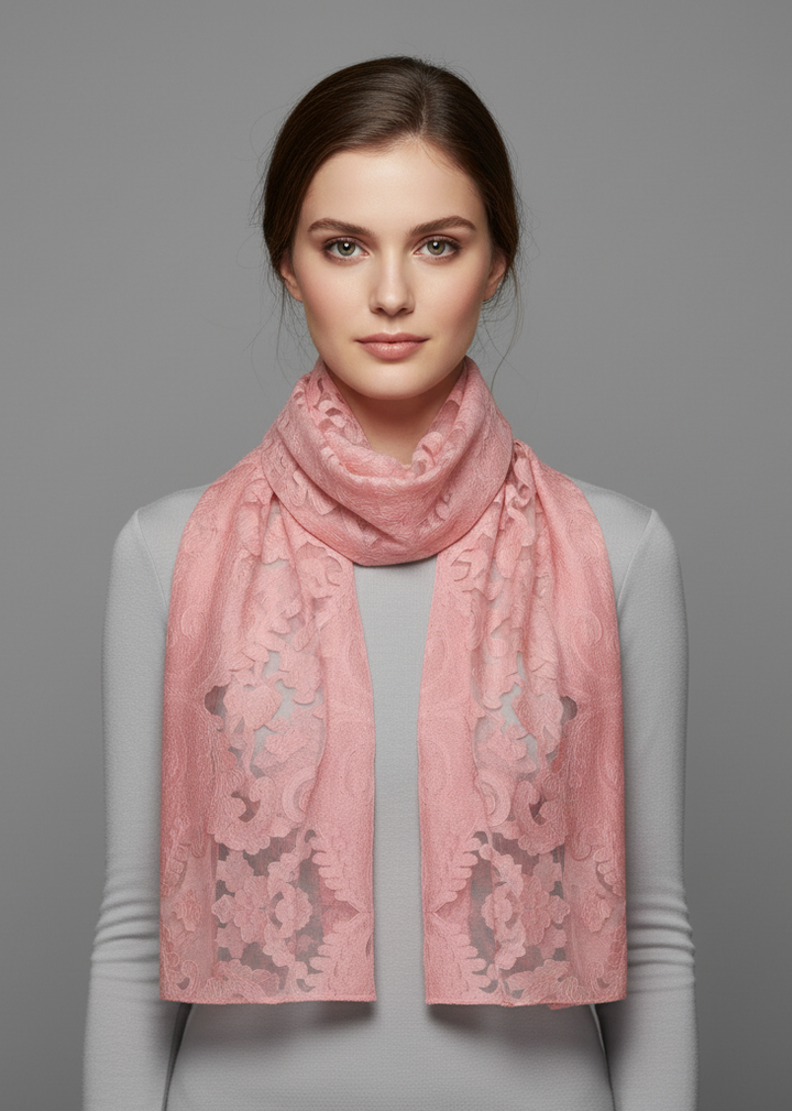 Lightweight floral embroidered burnout scarf in white and pink for summer fashion