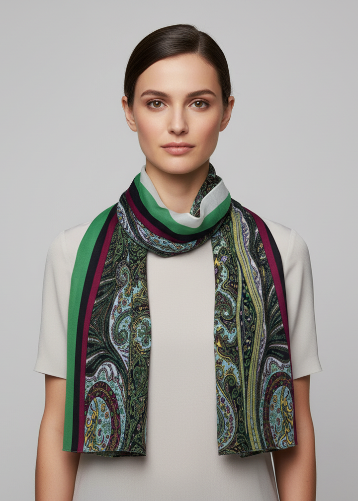 Green sheer lightweight paisley print stole skinny scarf for summer fashion