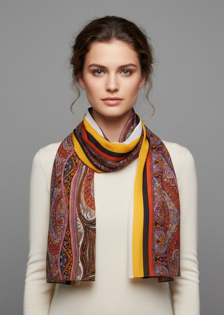 Orange and white sheer paisley print lightweight skinny scarf