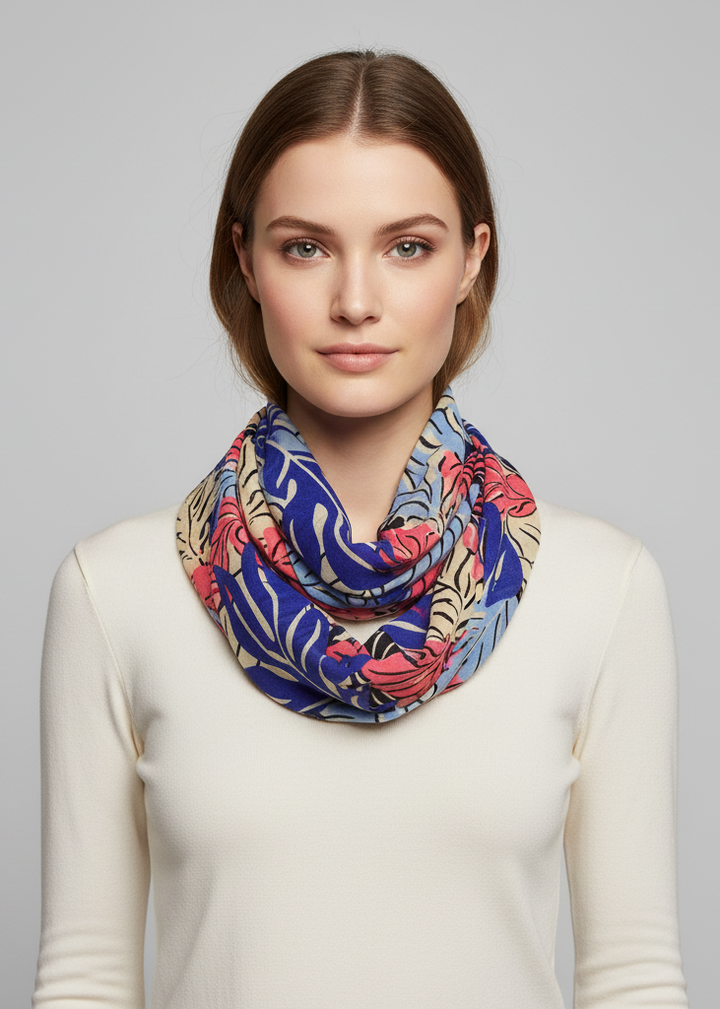 Lightweight multicolored bohemian sheer infinity loop scarf with a vibrant summer design for women.