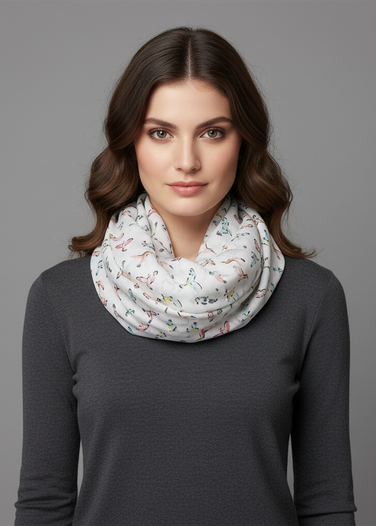Lightweight summer infinity scarf for women featuring a chic bird print pattern on white fabric.
