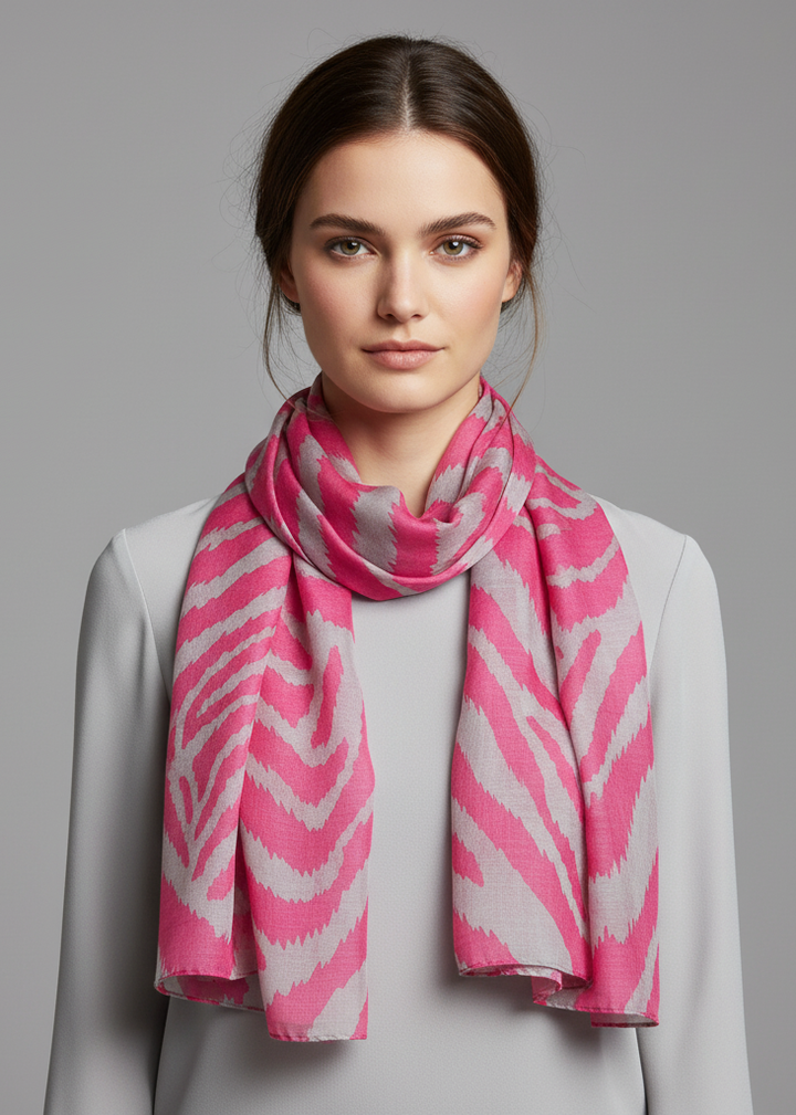 Lightweight summer spring shawl wrap scarf featuring a graphic zebra animal print in pink and grey