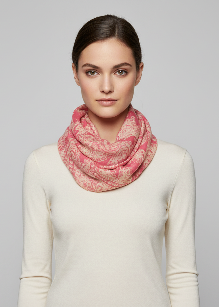 Sunflower print floral infinity loop scarf in pink for women.