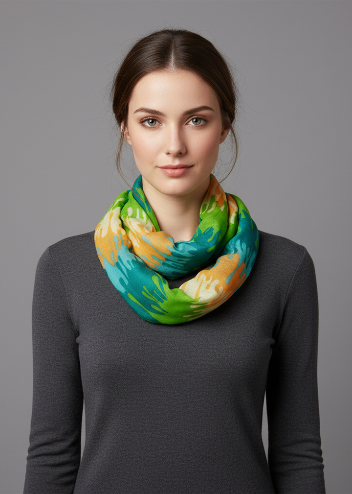 Trendy abstract multicolored paint design infinity loop scarf wrap in green.