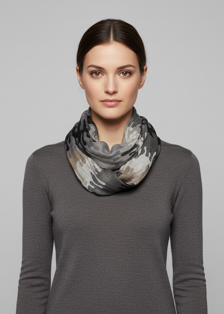 Abstract multicolored paint design infinity loop scarf wrap in black for trendy fashion.