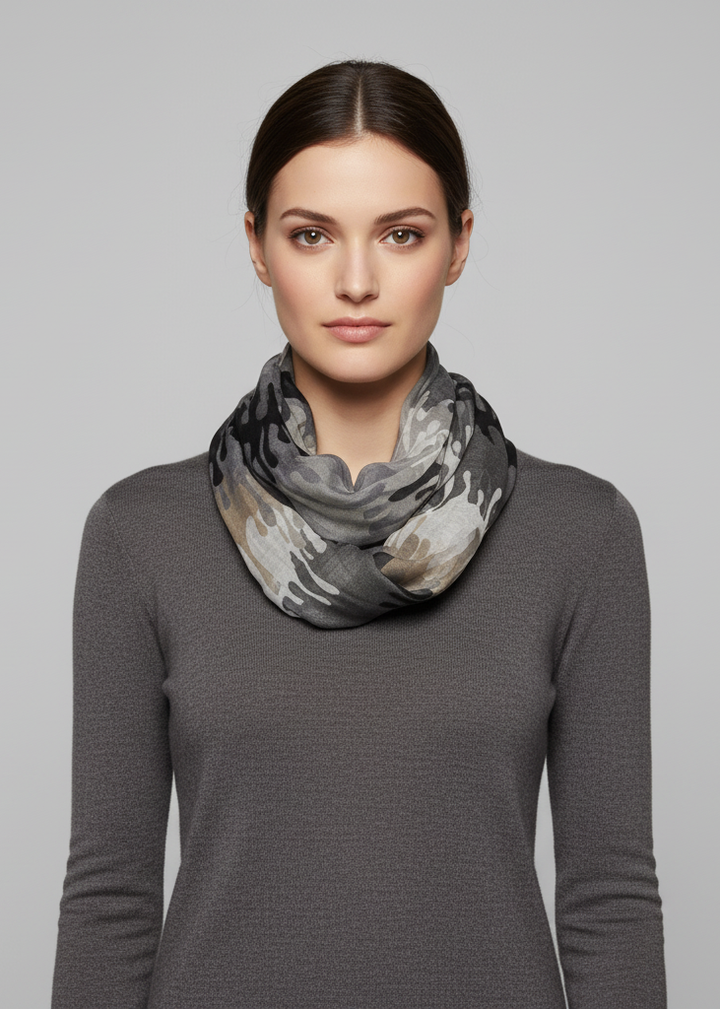 Abstract multicolored paint design infinity loop scarf wrap in black for trendy fashion.