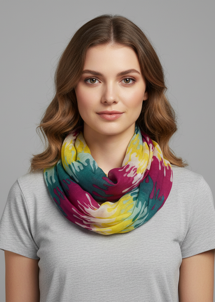 Trendy abstract multicolored paint design infinity loop scarf wrap in fuchsia and yellow.