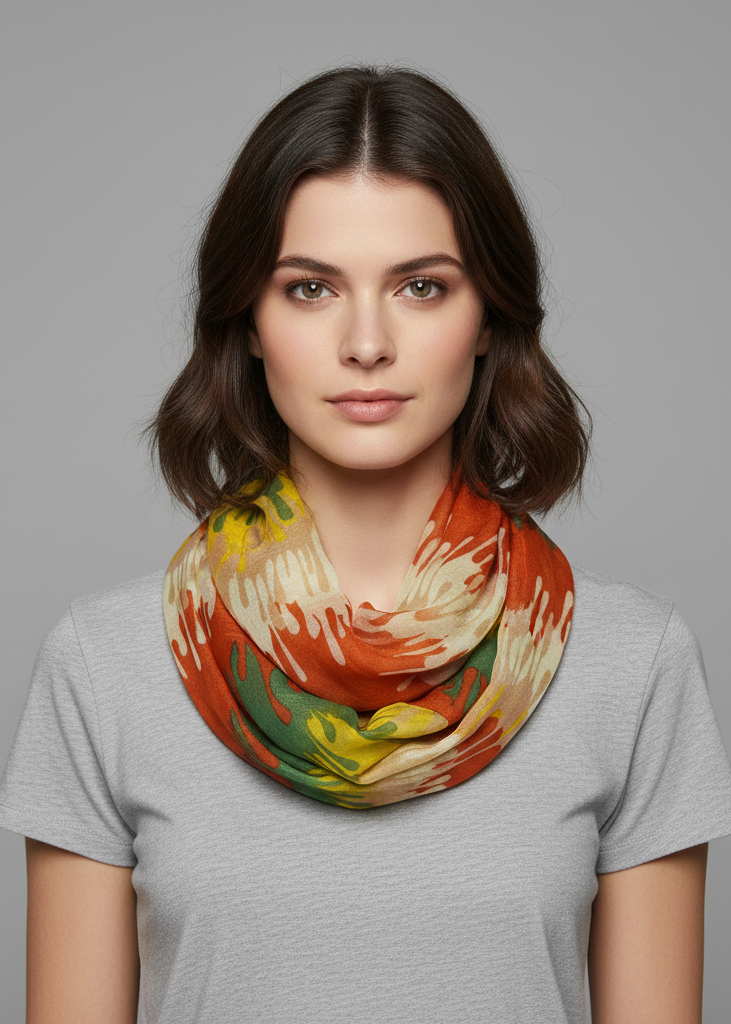 Trendy multicolored abstract paint design infinity loop scarf wrap in orange.