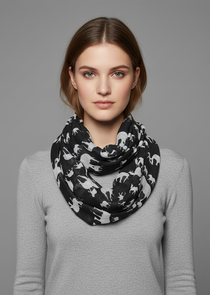 Trendy lightweight infinity scarf with a black and white tribal artsy elephant animal print for women