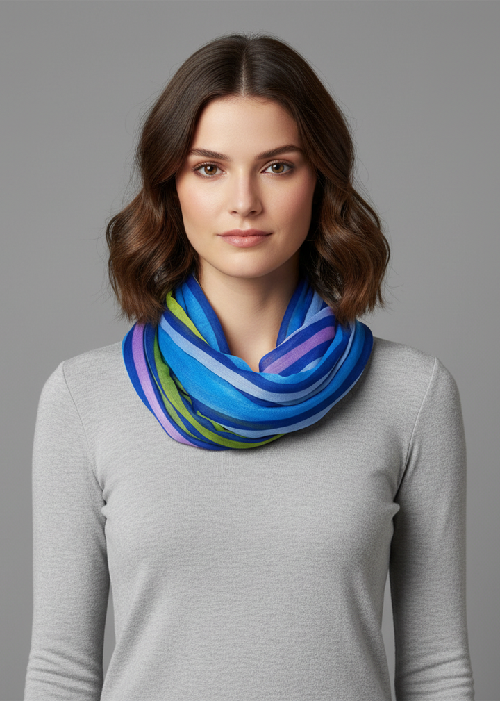 Striped print light and soft fashion infinity loop scarf in dark blue.
