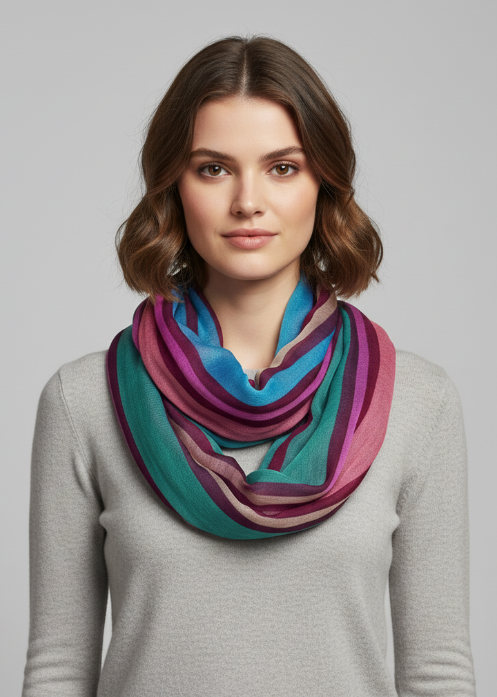 Maroon striped print infinity loop scarf made of light and soft fabric for trendy fashion style.